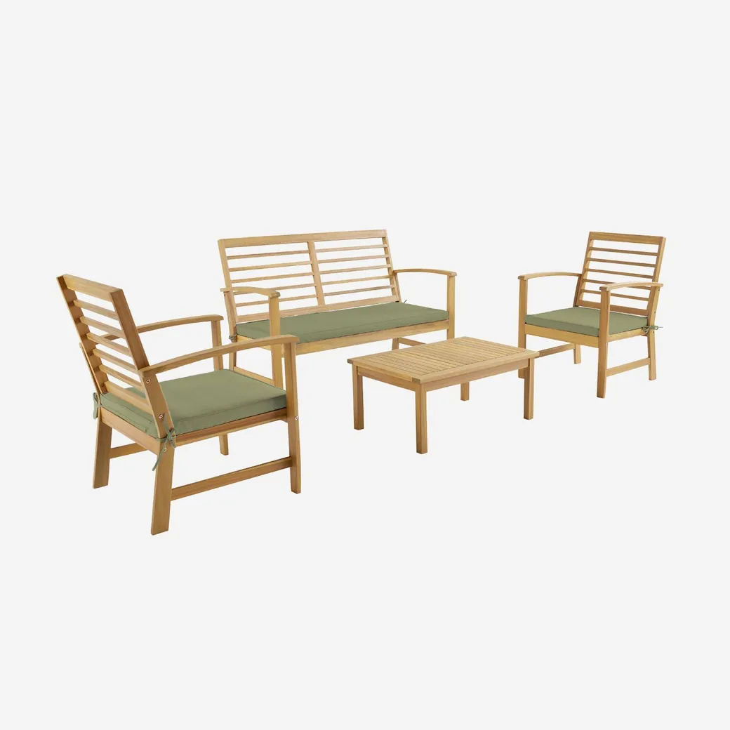 Conjunto de jardín de madera de acacia para 4 personas, en verde kaki, verde grisáceo o beige: el conjunto completo con los cojines en color beige