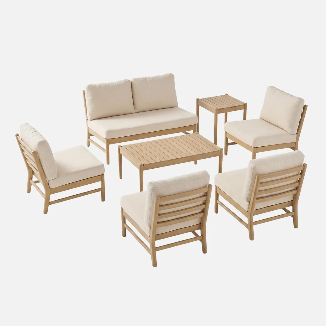 Conjunto de muebles de jardín de madera Lunari 6 plazas natural: detalle de cerca del producto