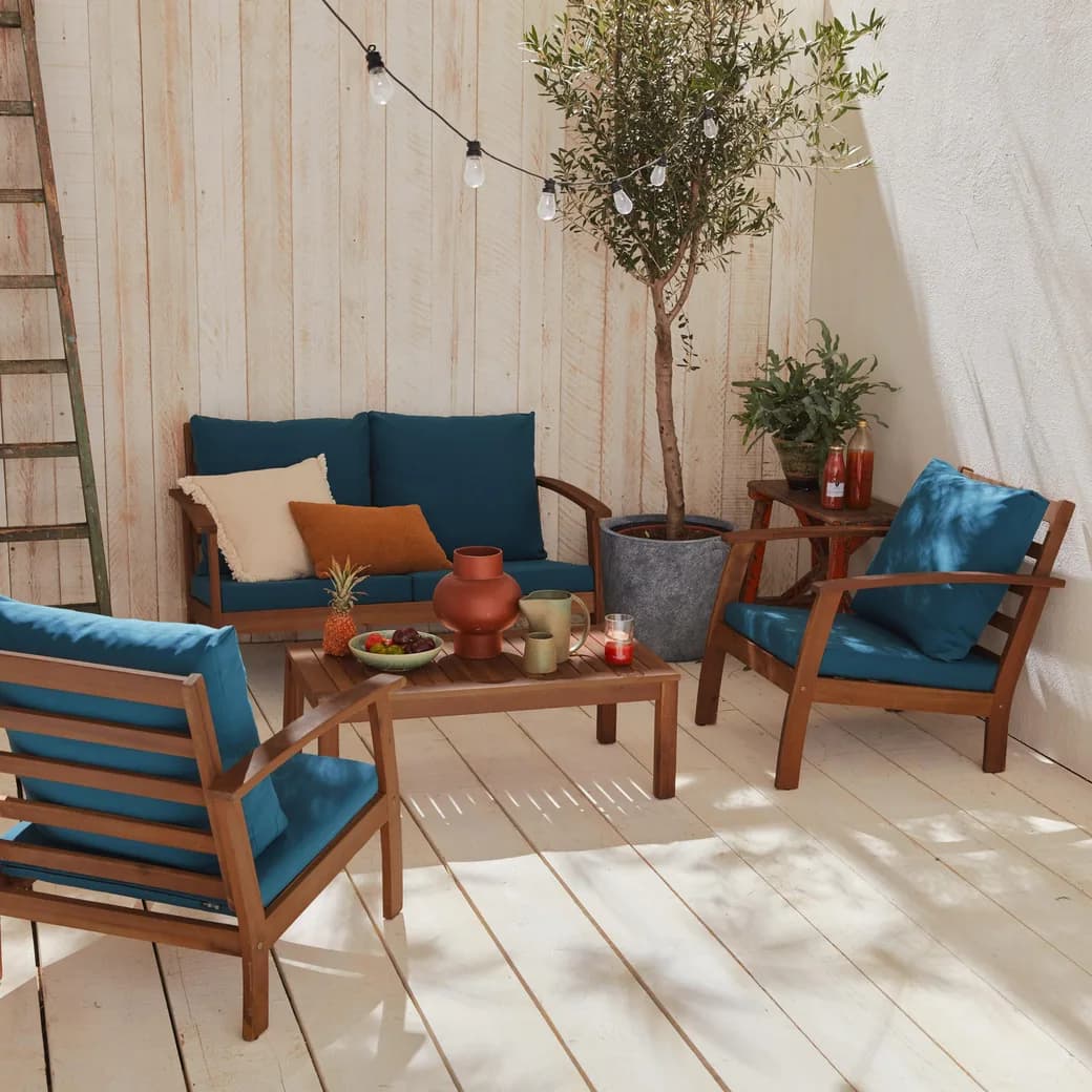 Conjunto de muebles de jardín de madera Ushuaia 4 plazas azul: detalle de cerca del producto
