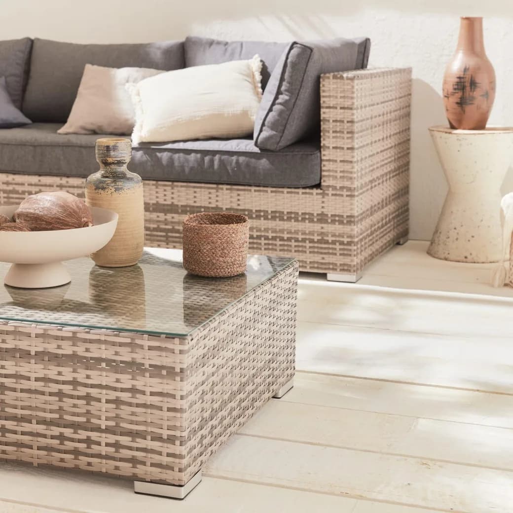 Conjunto de muebles de jardín de ratán Caligari 5 plazas gris: detalle de cerca del producto