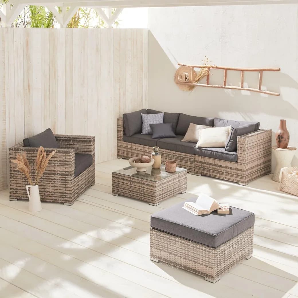 Conjunto de muebles de jardín de ratán 5 plazas gris