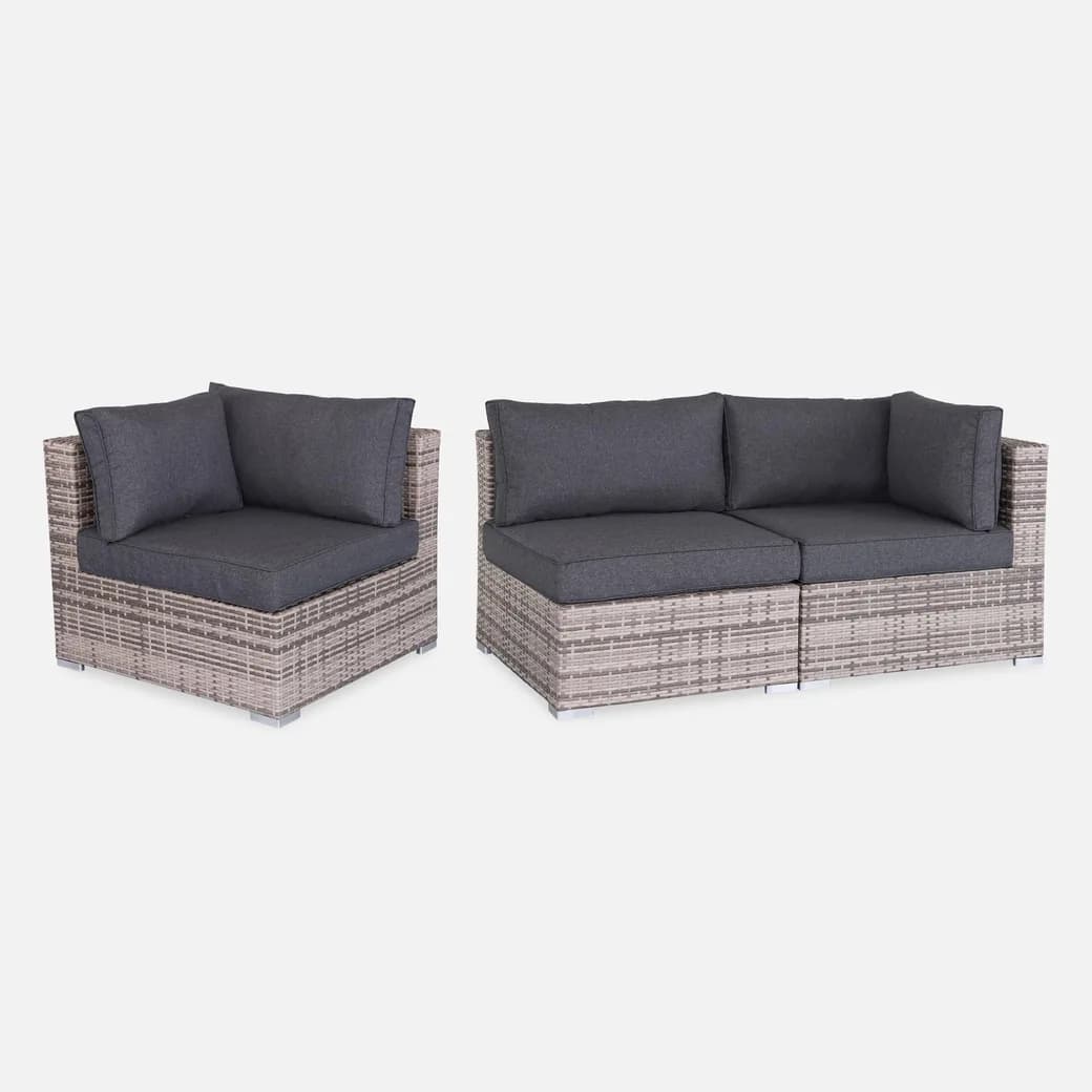 Conjunto de jardín de resina tejida para 10 personas con mesa de centro, en gris o beige: el módulo de esquina y el sofá doble que se pueden combinar