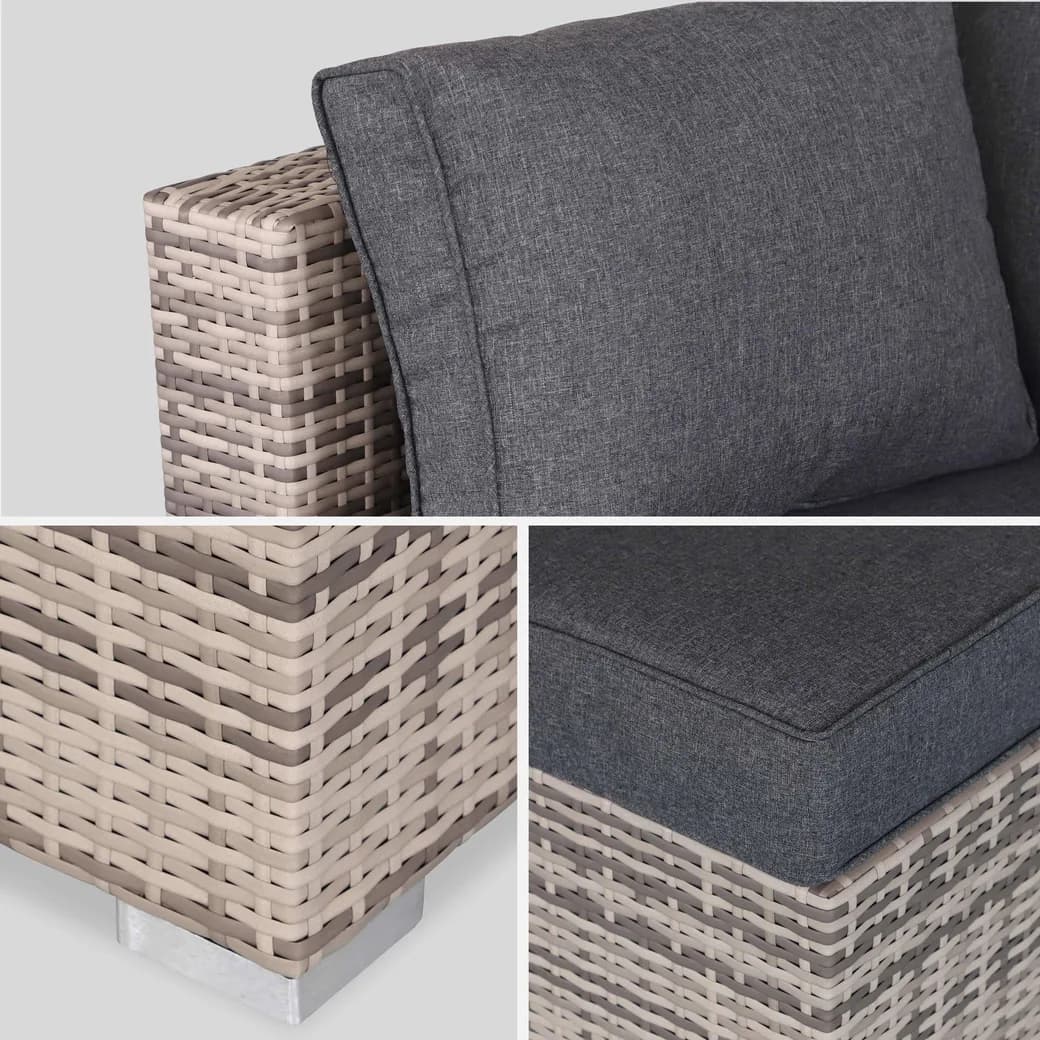 Conjunto de jardín de resina tejida para 10 personas con mesa de centro, en gris o beige: detalle del tejido de resina y de los cojines desenfundables