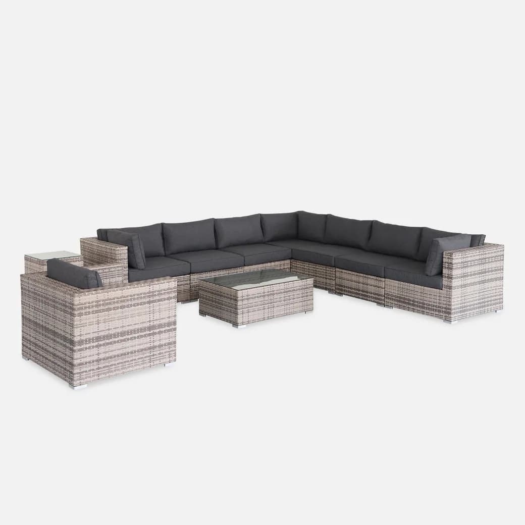 Conjunto de jardín de resina tejida para 10 personas con mesa de centro, en gris o beige — muebles de jardin resina