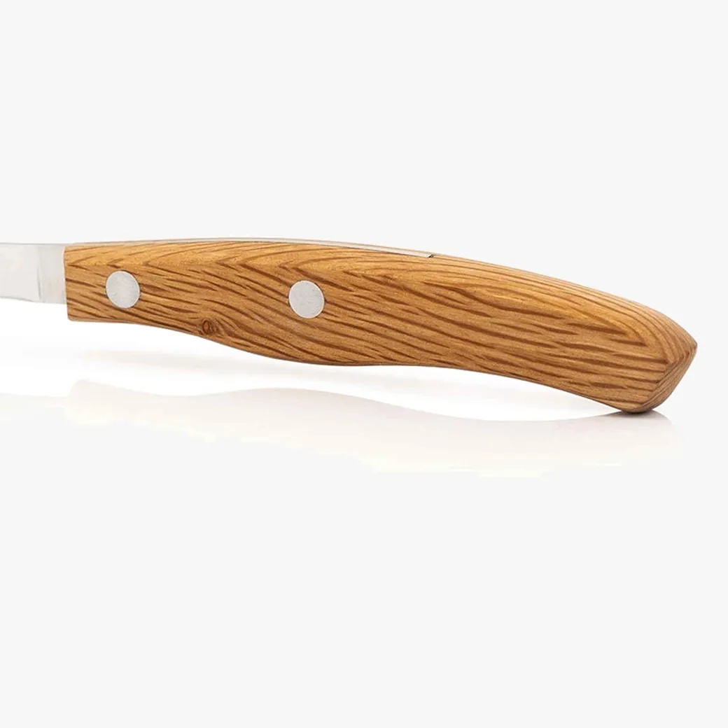 Cuchillo jamonero Arcos José Andrés 240 mm ligero con mango de encina: detalle del mango y sus remaches de acero
