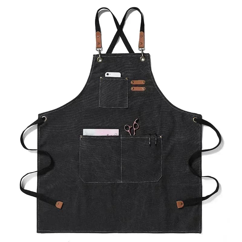Delantal de lona de algodón negro con bolsillos y tirantes cruzados — delantal de utensilios de barbacoa