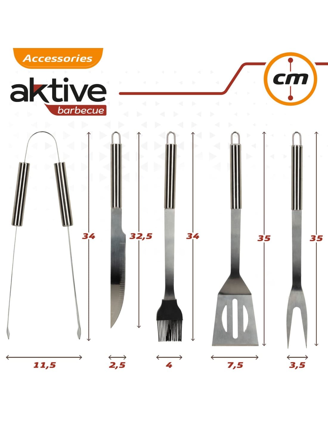 Estuche de utensilios para barbacoa Aktive 5 piezas acero inoxidable: medidas y dimensiones