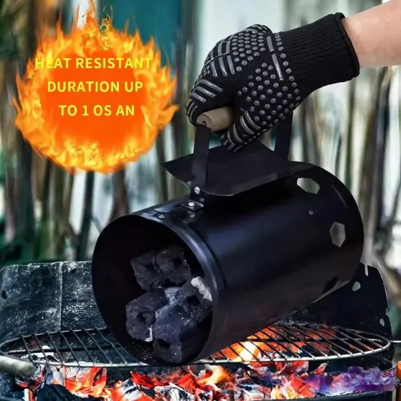 Guantes para barbacoa resistentes al calor hasta 800 °C (par): sujetando el chimenea de encendido junto a las brasas