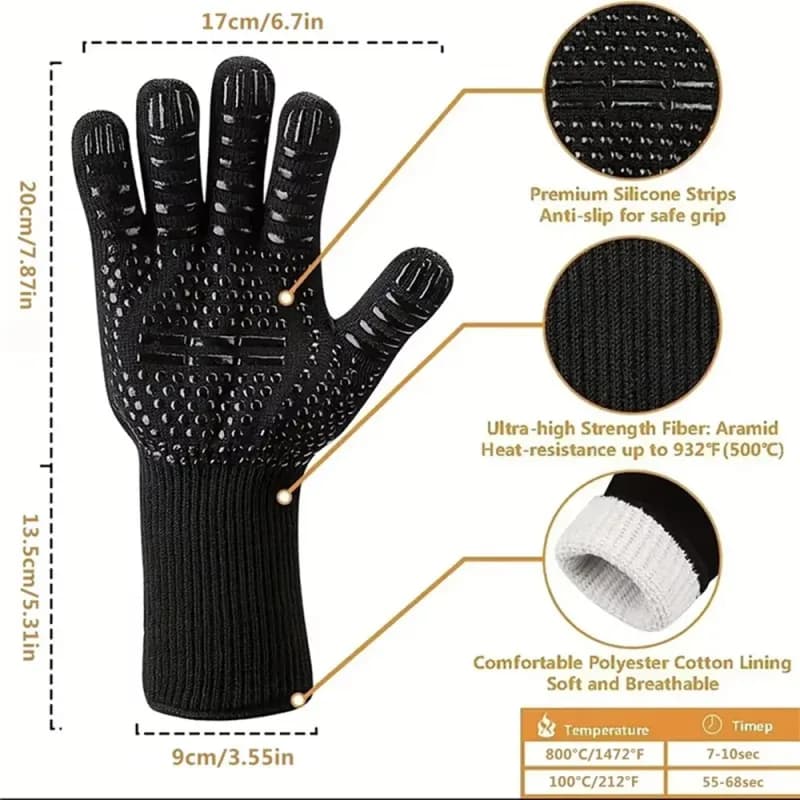 Guantes para barbacoa resistentes al calor hasta 800 °C (par): medidas y dimensiones