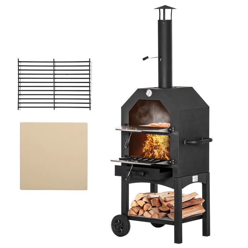 Horno de pizza de leña Outsunny 3 niveles con chimenea y ruedas 160 cm — horno de pizza de leña