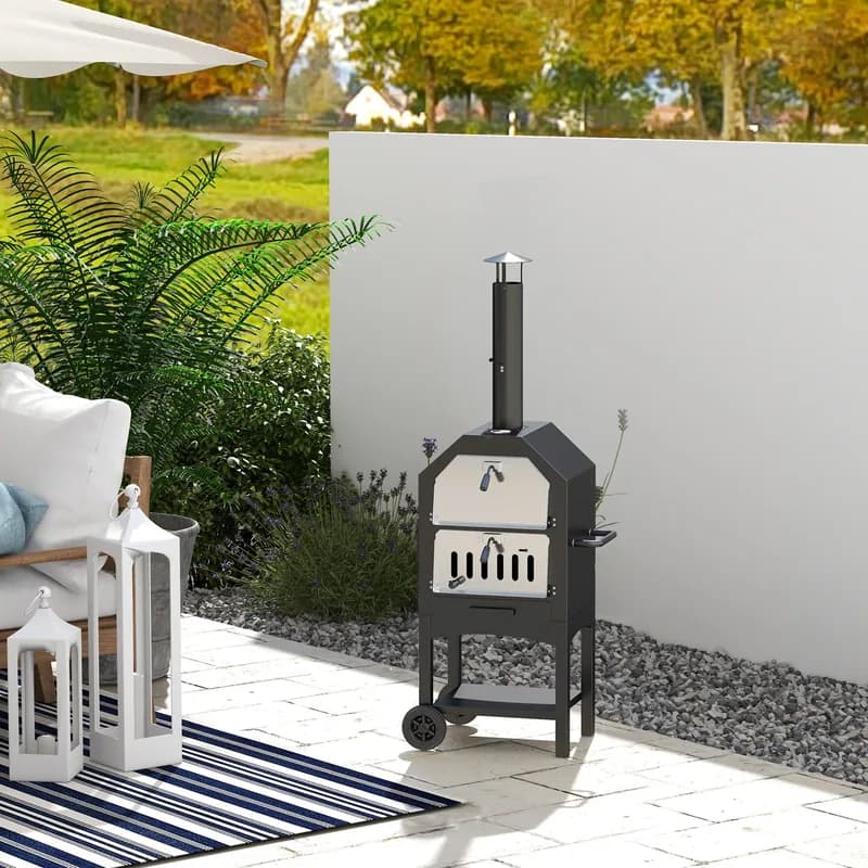 Horno de pizza de leña Outsunny 3 niveles con chimenea y ruedas 160 cm — horno de pizza de leña