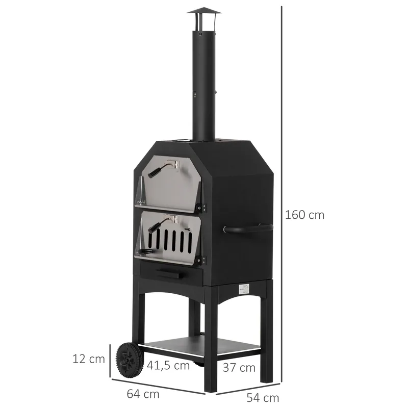 Horno de pizza de leña Outsunny 3 niveles con chimenea y ruedas 160 cm — horno de pizza de leña