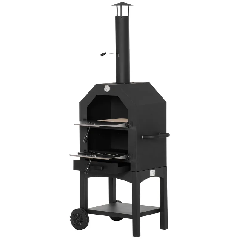 Horno de pizza de leña Outsunny 3 niveles con chimenea y ruedas 160 cm — horno de pizza de leña