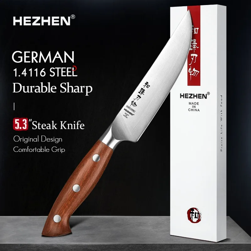 Juego de 4 cuchillos para carne HEZHEN acero alemán 1.4116 13,5 cm: contenido de la caja