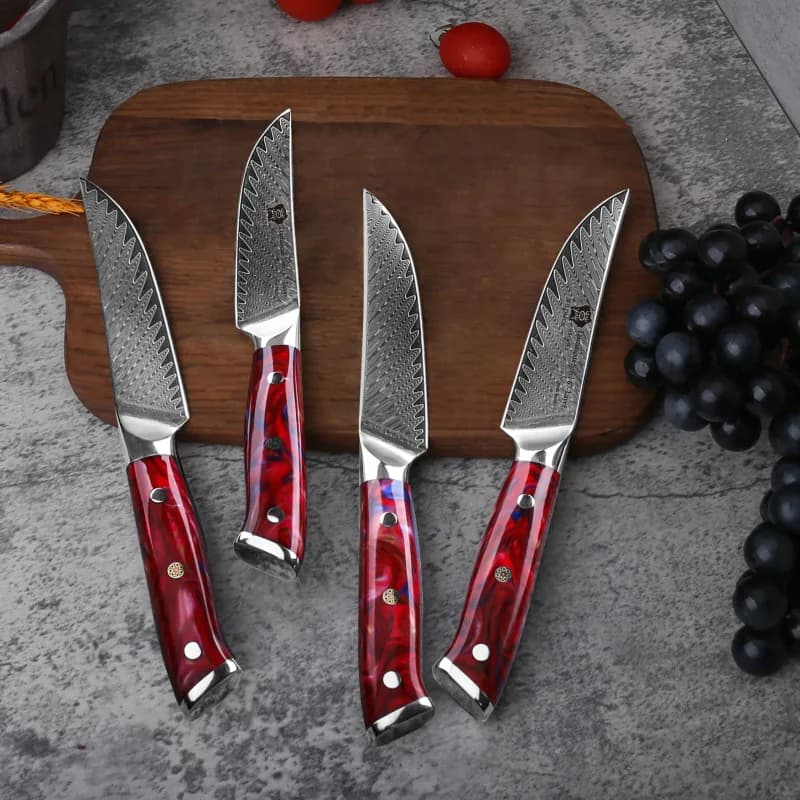 Juego de 4 cuchillos para carne WILDMOK acero Damasco 67 capas 13 cm: detalle de cerca del producto