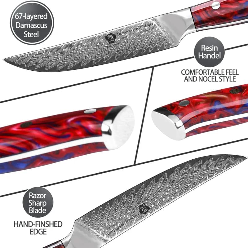 Juego de 4 cuchillos para carne WILDMOK acero Damasco 67 capas 13 cm: detalle del filo y el patrón de acero Damasco