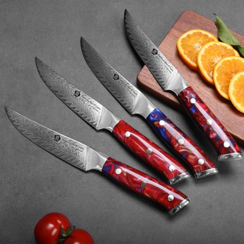 Juego de 4 cuchillos para carne WILDMOK acero Damasco 67 capas 13 cm: la mesa lateral con los condimentos a mano