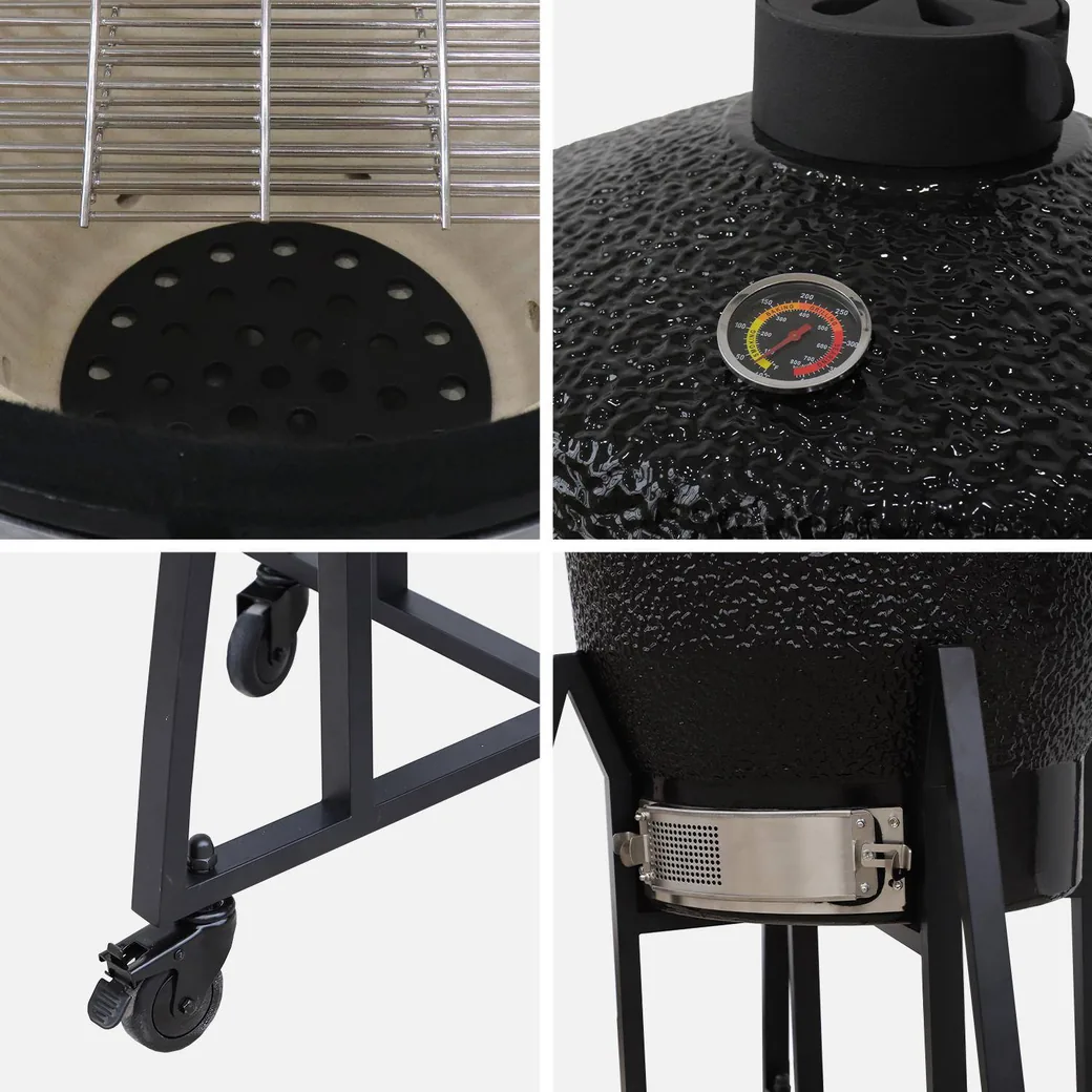Kamado de cerámica Ø 54,5 cm con carro, mesas de bambú y funda: detalles de cerca: mandos, termómetro, ruedas y quemadores