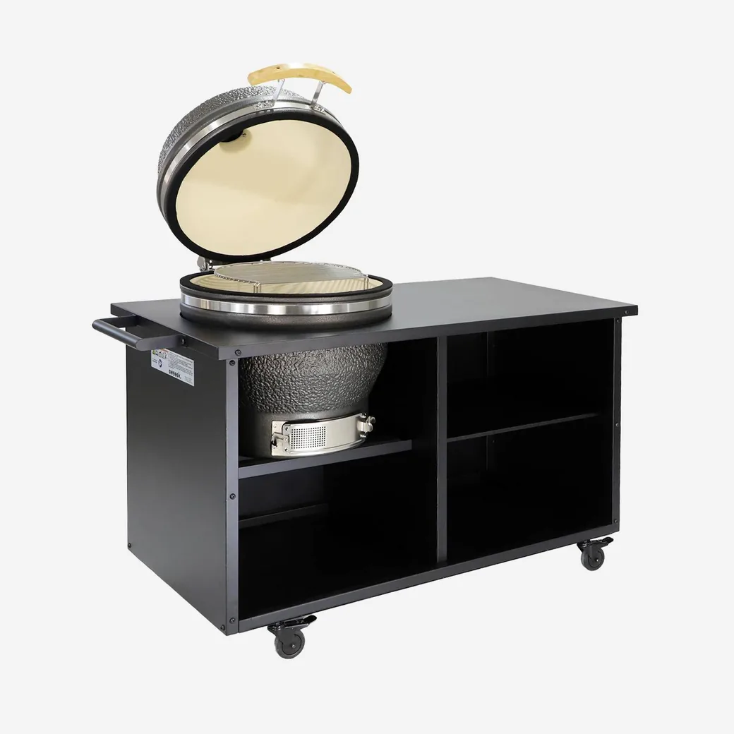 Kamado Yaku de cerámica con mueble auxiliar de acero y ruedas: con la tapa abierta y la parrilla a la vista