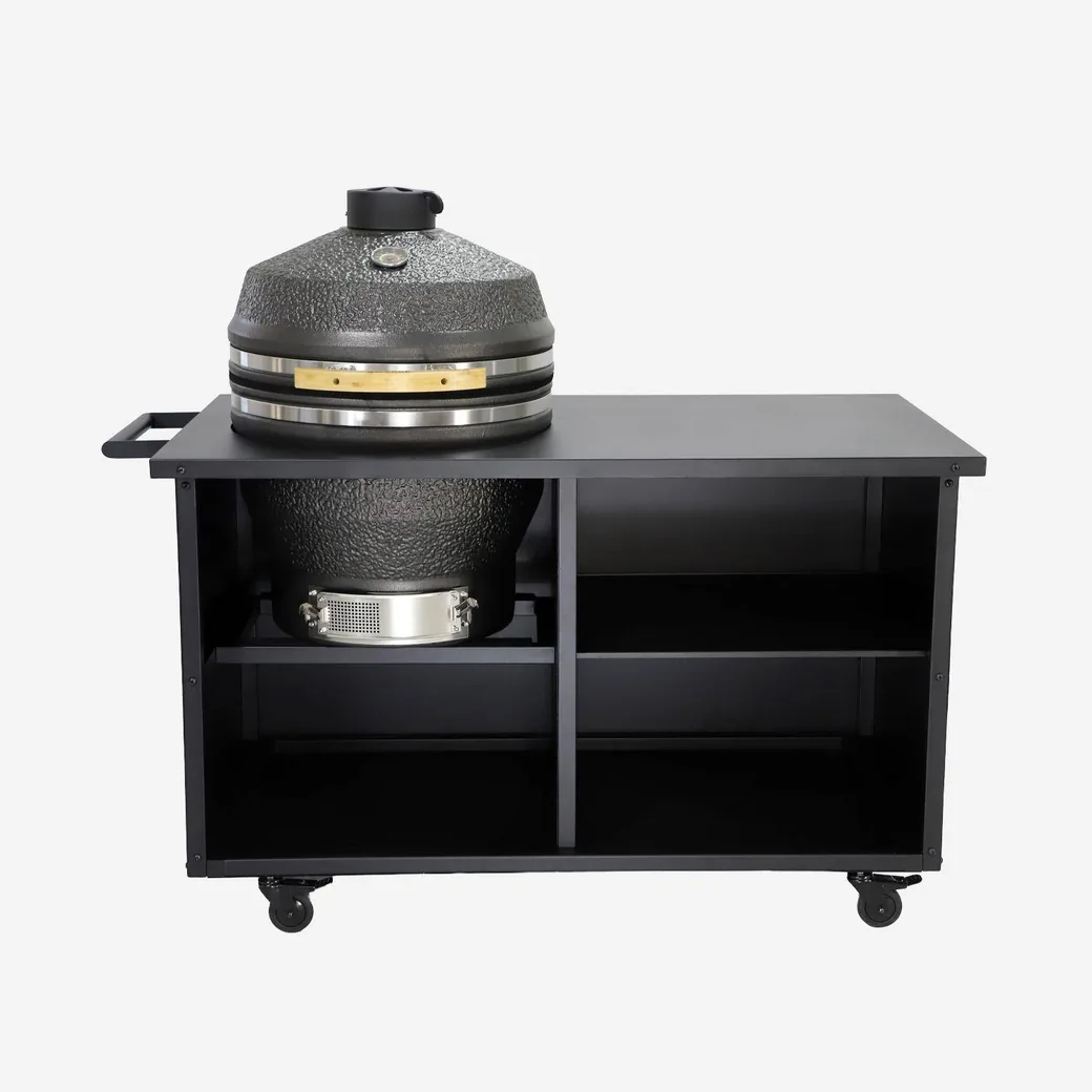 Kamado Yaku de cerámica con mueble auxiliar de acero y ruedas: con la tapa cerrada y el termómetro a la vista