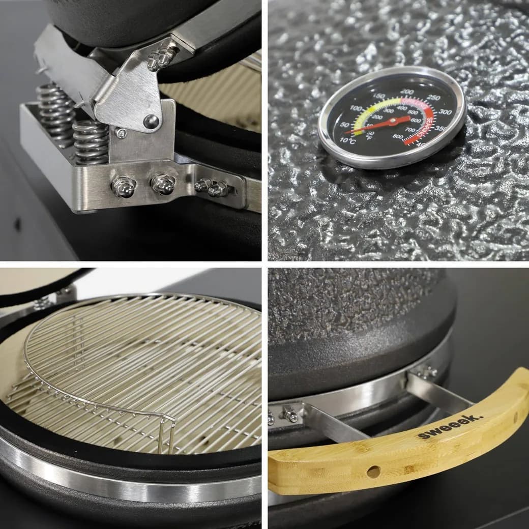 Kamado Yaku de cerámica con mueble auxiliar de acero y ruedas: detalles de cerca: mandos, termómetro, ruedas y quemadores