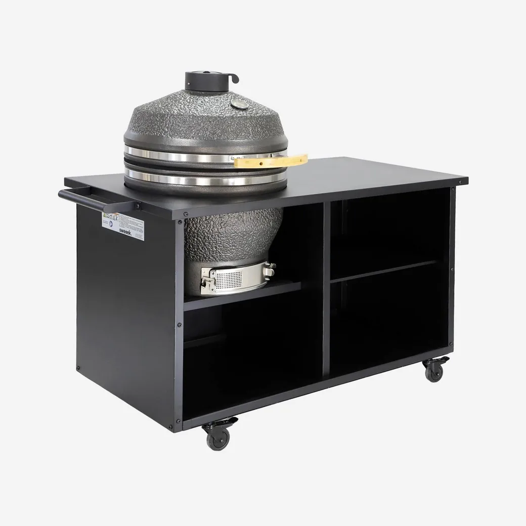 Kamado de cerámica con mueble auxiliar de acero y ruedas
