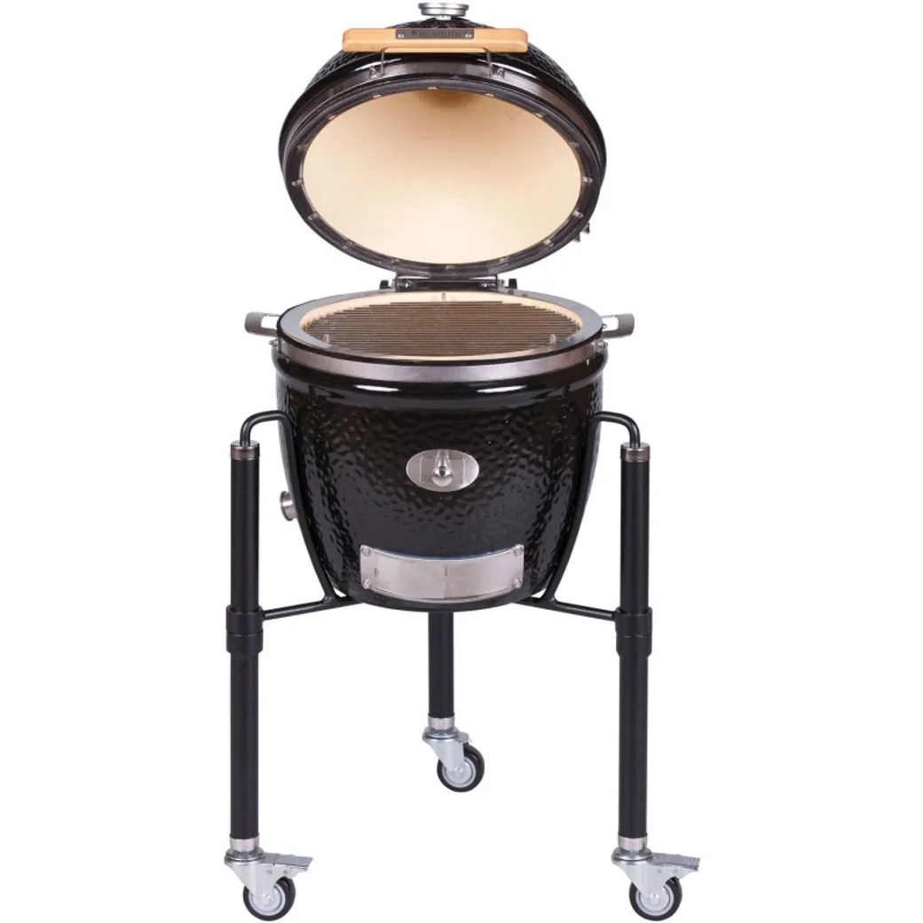 Kamado Monolith Junior 33 cm Serie Pro 2.0 con carro y piedra deflectora: con la tapa abierta y la parrilla a la vista