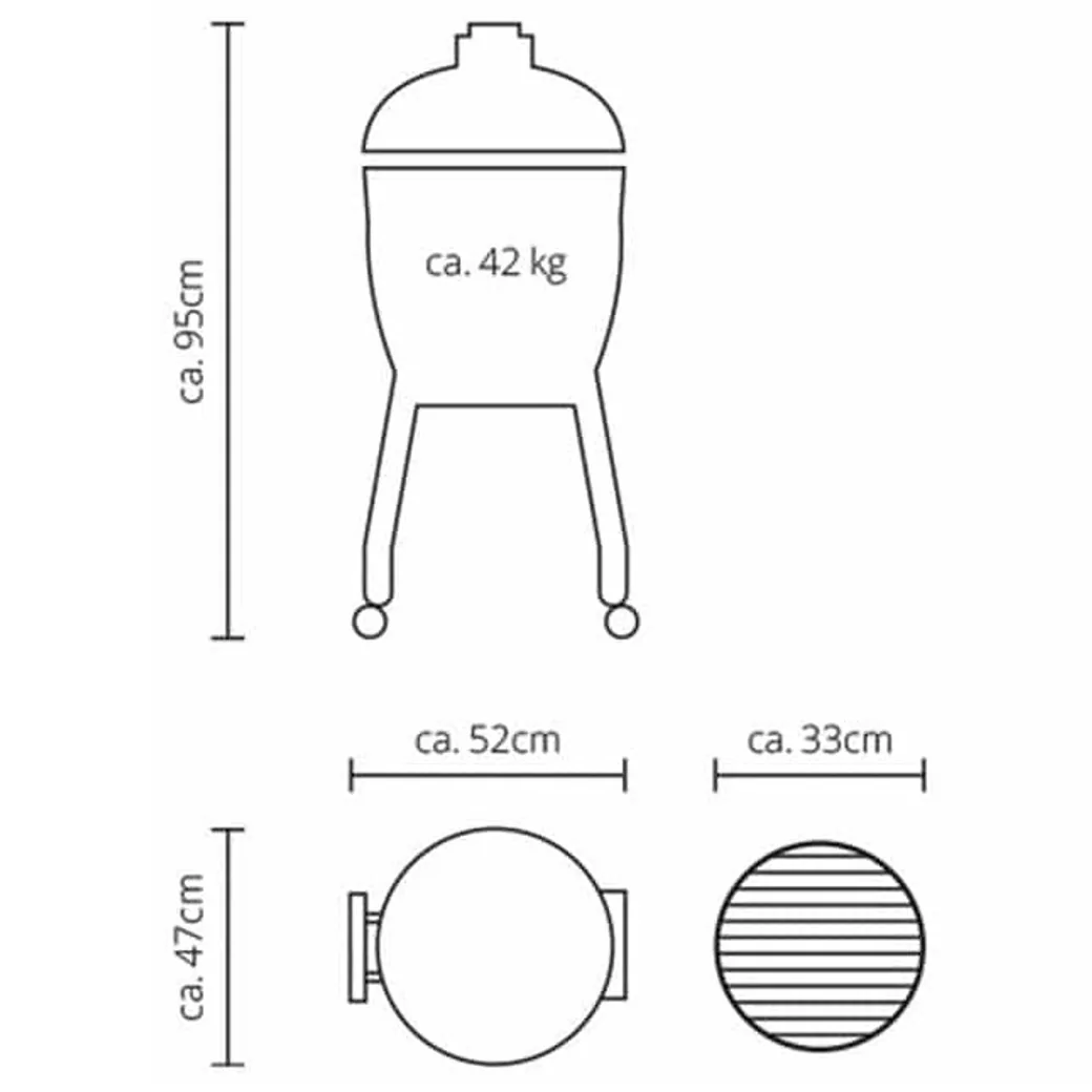 Kamado Monolith Junior 33 cm Serie Pro 2.0 con carro y piedra deflectora: medidas y dimensiones