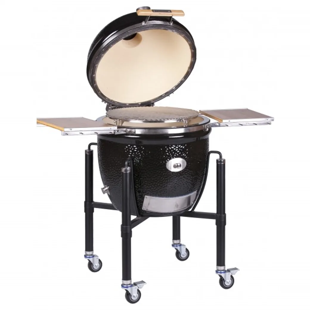 Kamado Monolith LeChef 55 cm Serie Pro 2.0 con carro y mesas de bambú: con la tapa abierta y la parrilla a la vista