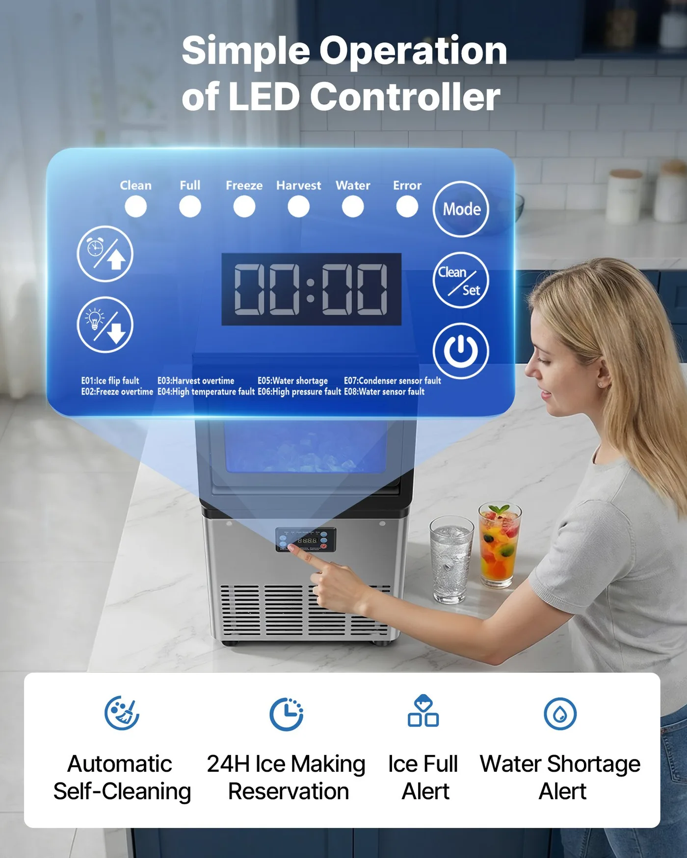Máquina de hielo comercial Vevor 41 kg/24h con doble entrada de agua: el panel táctil con la pantalla de temperatura