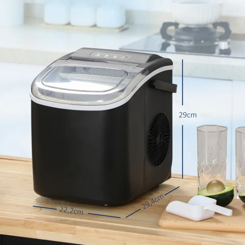 Máquina de hielo de sobremesa HOMCOM 12 kg/24h negra: medidas y dimensiones