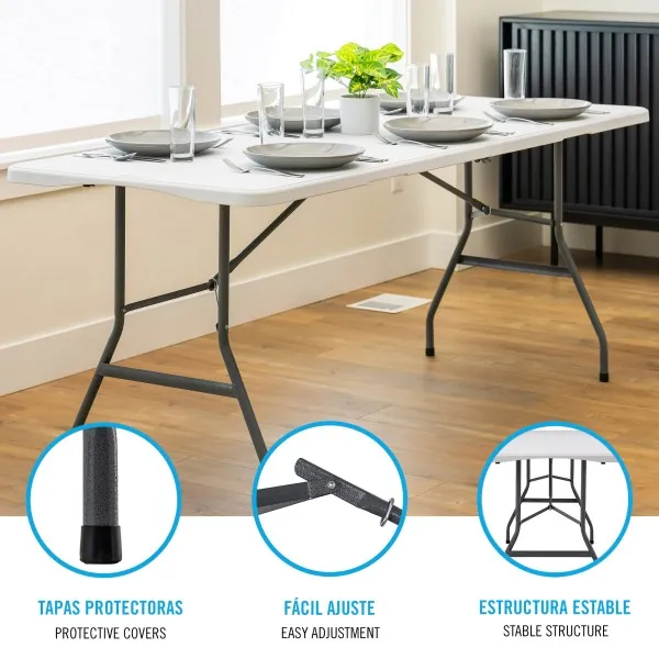 Mesa plegable PEAKFORM Lifetime 180x70x74 cm blanco efecto granito: instalada en el jardín, lista para cocinar