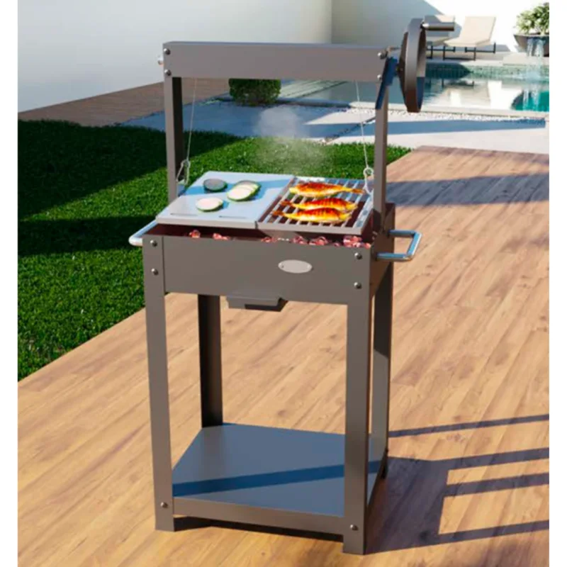 Parrilla argentina Imor Duramax con ladrillo refractario y elevación giratoria: instalada en la terraza con la tapa cerrada