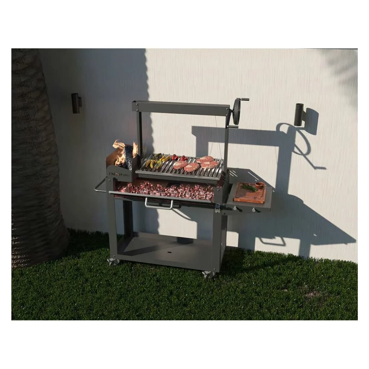 Parrilla argentina Imor Leñagrill con brasero y parrilla en V de acero inoxidable: puesta sobre la barbacoa en el jardín