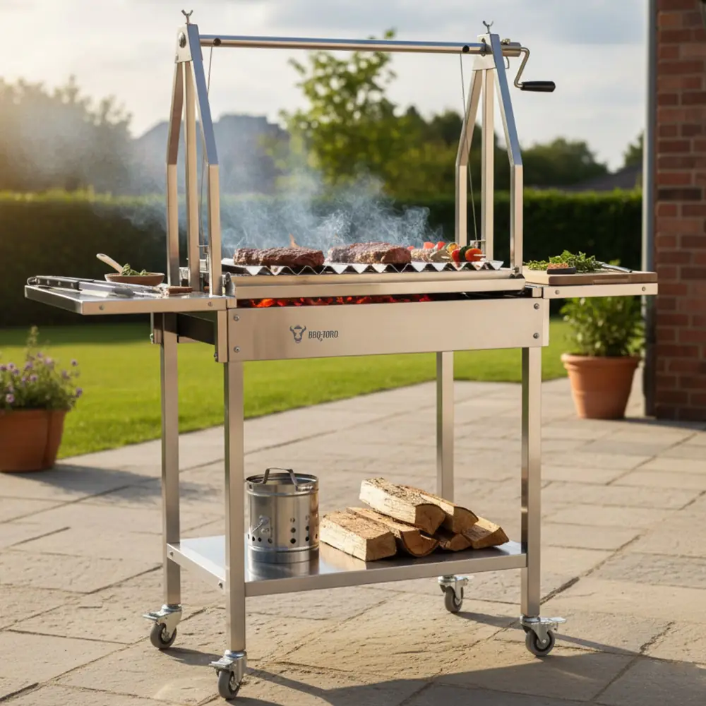 Parrilla asador argentina BBQ-Toro de acero inoxidable 119 cm: instalada en el jardín, lista para cocinar