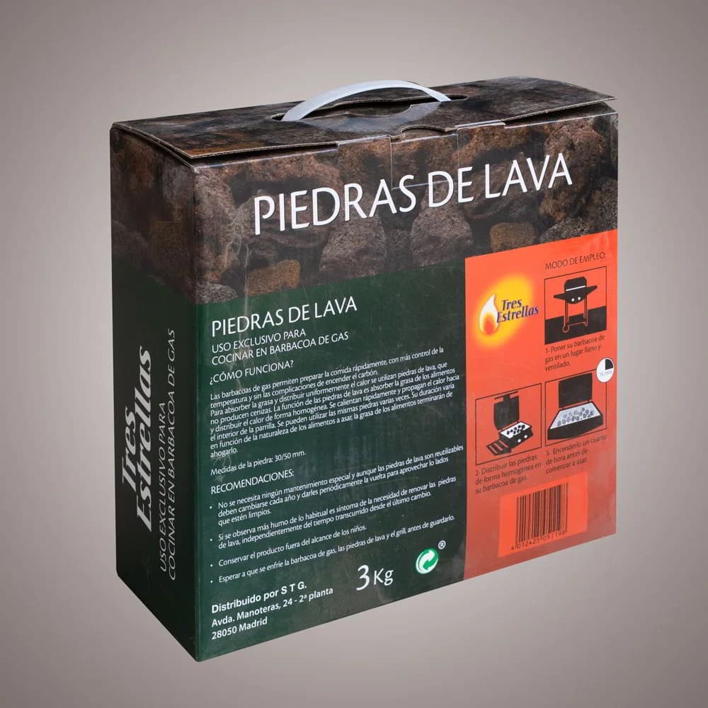 Piedras de lava volcánica para barbacoa de gas 3 kg, 30-50 mm: etiqueta con las características del producto