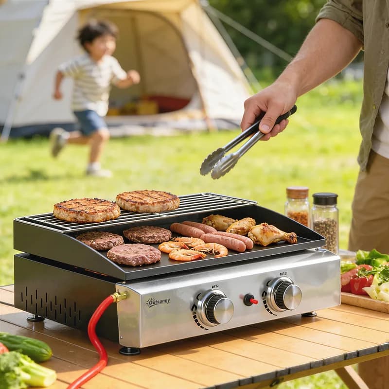 Plancha de gas Outsunny portátil 2 quemadores 5 kW 50,5x35,5 cm — plancha de gas portátil