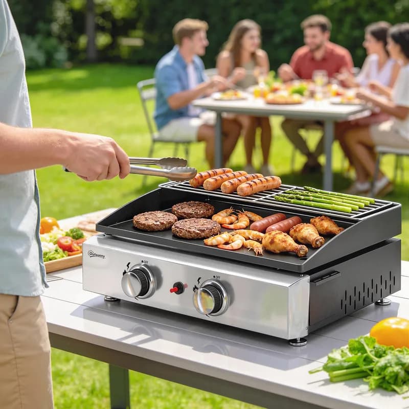 Plancha de gas Outsunny portátil 2 quemadores 5 kW 50,5x35,5 cm — plancha de gas portátil