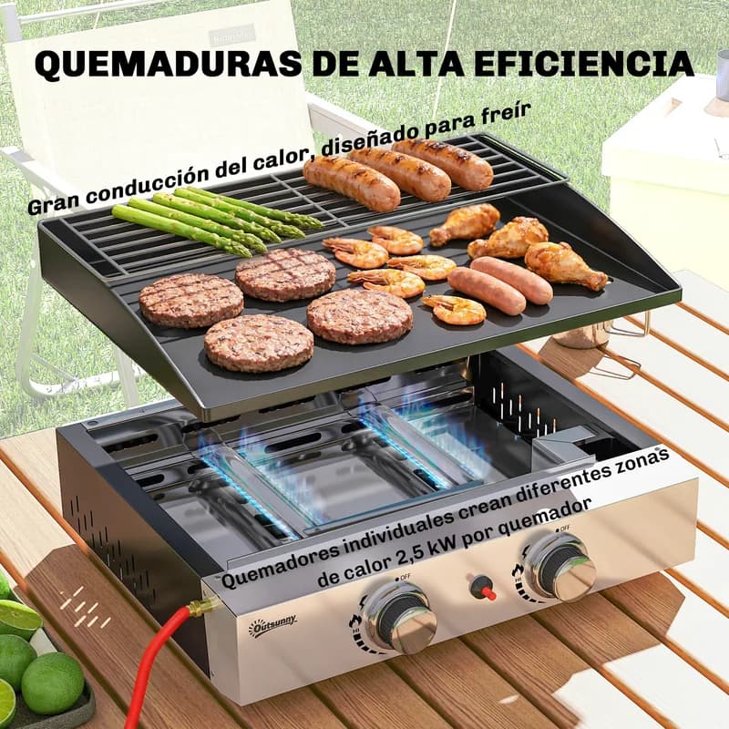 Plancha de gas Outsunny portátil 2 quemadores 5 kW 50,5x35,5 cm — plancha de gas portátil