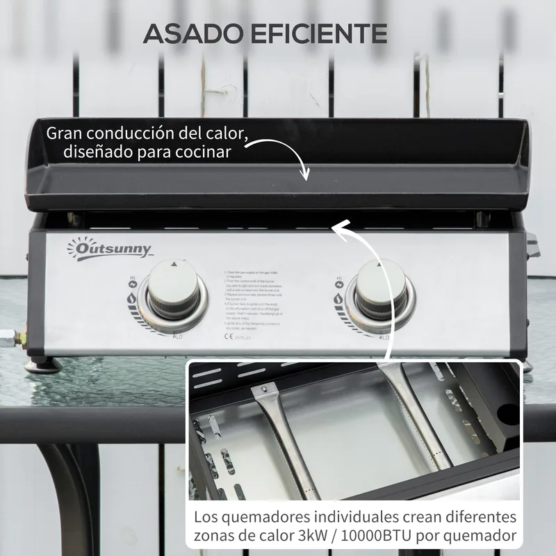 Plancha de gas Outsunny de sobremesa 2 quemadores 6 kW 47,5x35,5 cm — plancha de gas