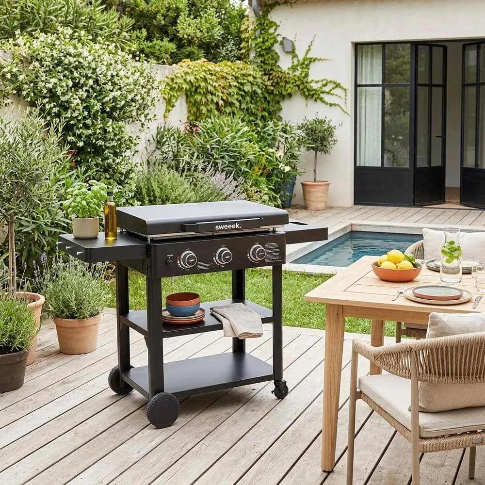 Plancha de gas Raoul 3 quemadores 12 kW con tapa y carro: instalada en el jardín, lista para cocinar
