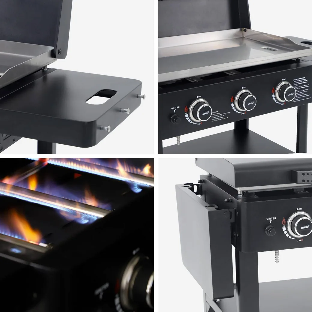 Plancha de gas Raoul 3 quemadores 12 kW con tapa y carro: los mandos, las llamas de los quemadores y la bandeja lateral abatible
