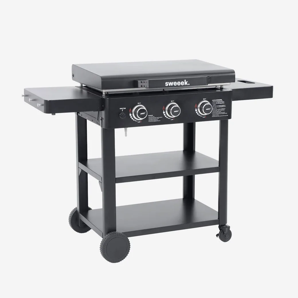 Plancha de gas 3 quemadores 12 kW con tapa y carro
