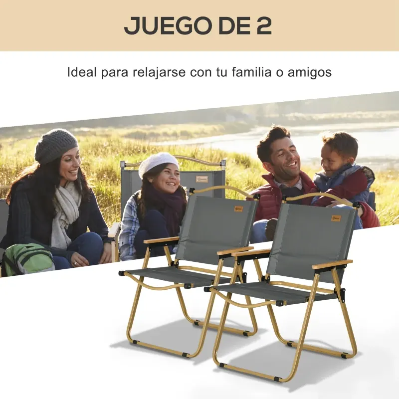 Set 2 sillas de camping plegables Outsunny Oxford: instalada en el jardín, lista para cocinar