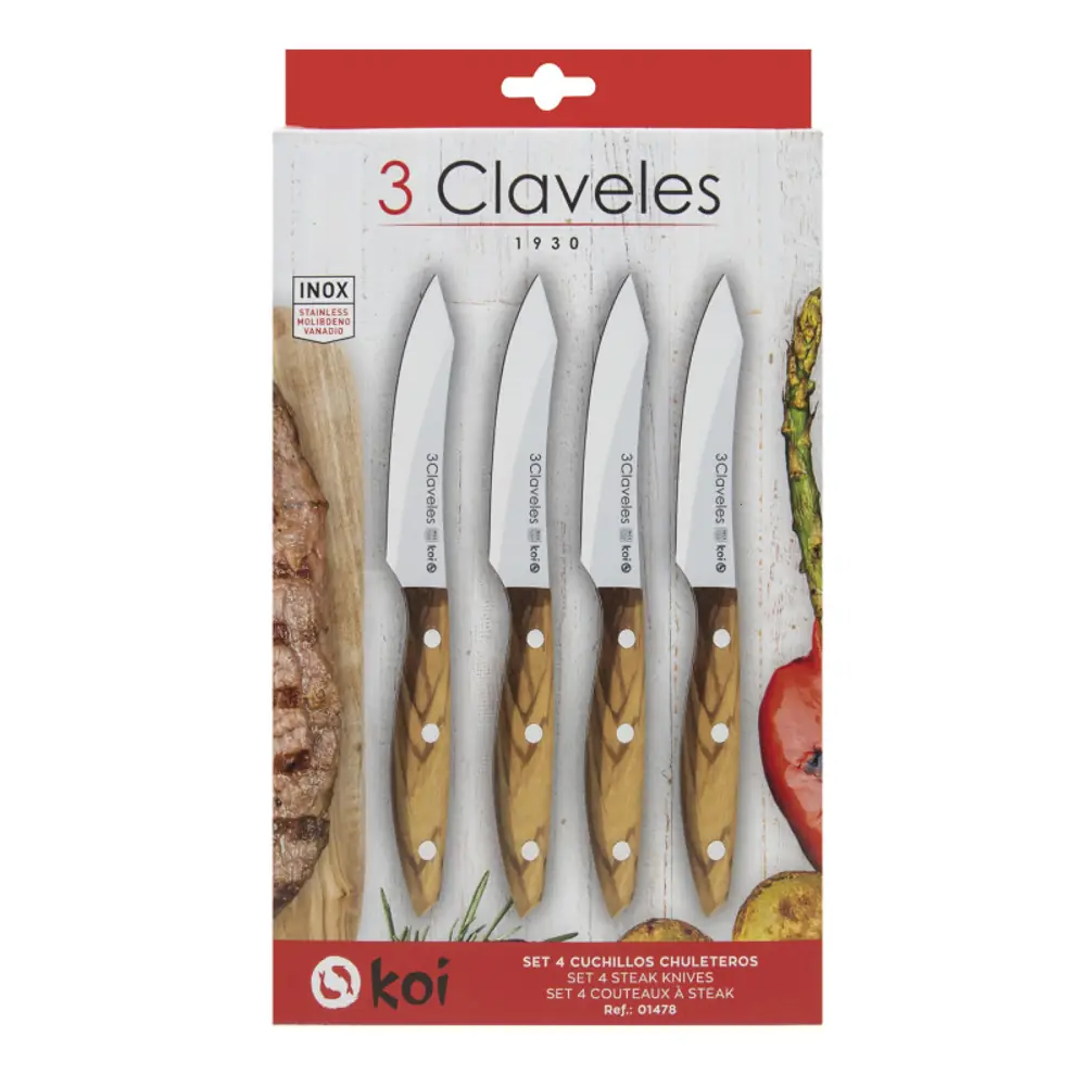 Set de 4 cuchillos chuleteros 3 Claveles Koi 11,5 cm forjados: estuche cerrado