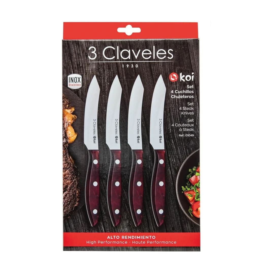 Set de 4 cuchillos chuleteros 3 Claveles Koi 11,5 cm forjados: estuche cerrado