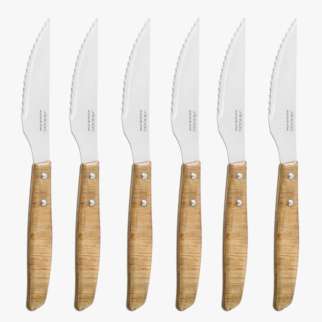 Set de cuchillos para barbacoa Arcos Forest, 6 chuleteros de madera: contenido de la caja