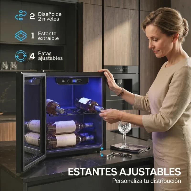Vinoteca HOMCOM 12 botellas 36 L con temperatura regulable 4-16 °C: los estantes ajustables y la balda extraíble