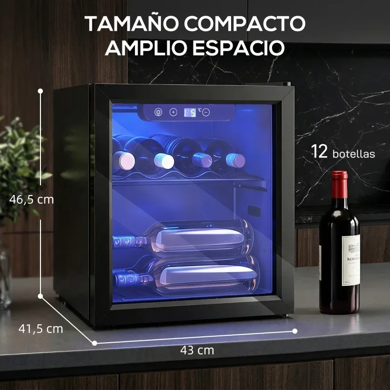 Vinoteca HOMCOM 12 botellas 36 L con temperatura regulable 4-16 °C: medidas y dimensiones