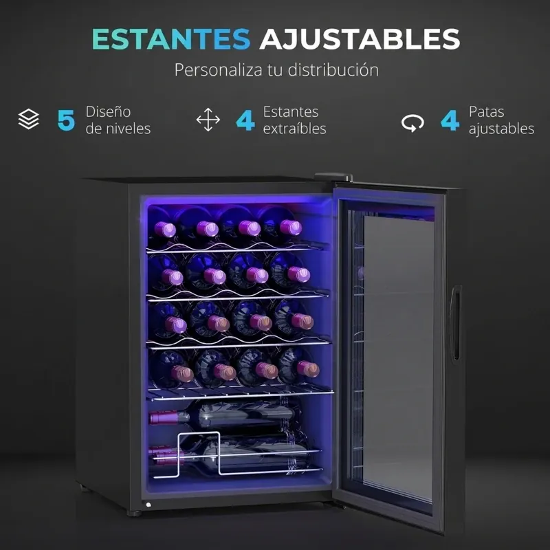 Vinoteca HOMCOM 20 botellas 53 L con temperatura regulable 5-18 °C: los estantes ajustables y la balda extraíble